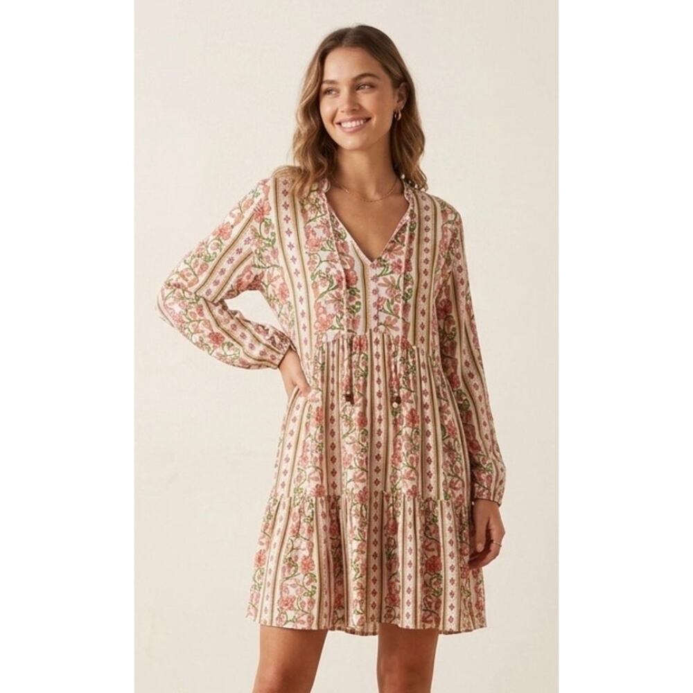 Japna Boho Floral Tiered Babydoll‎ Mini Dress Large L Viscose Long Sleeve V-Neck